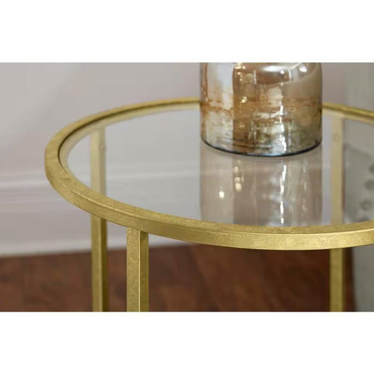 Round Accent Side Table Gold Metal Glass Top Bottom Shelf End Table-1