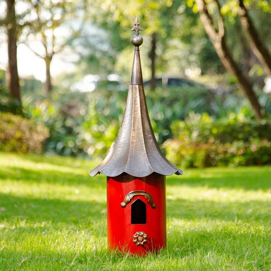 Outdoor Red Metal Bird House with Vintage Bronze Phonograph Style Roof-0
