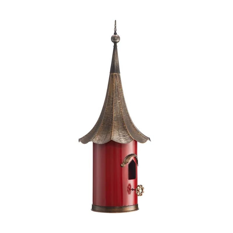 Outdoor Red Metal Bird House with Vintage Bronze Phonograph Style Roof-3