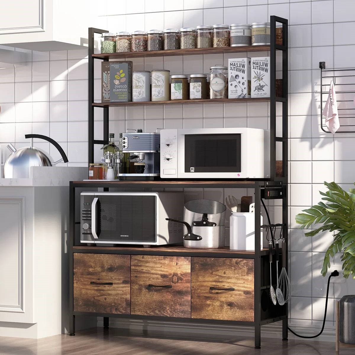 Black Metal Kitchen Baker's Rack with Brown Wood Shelves and Storage Cabinets FastFurnishings