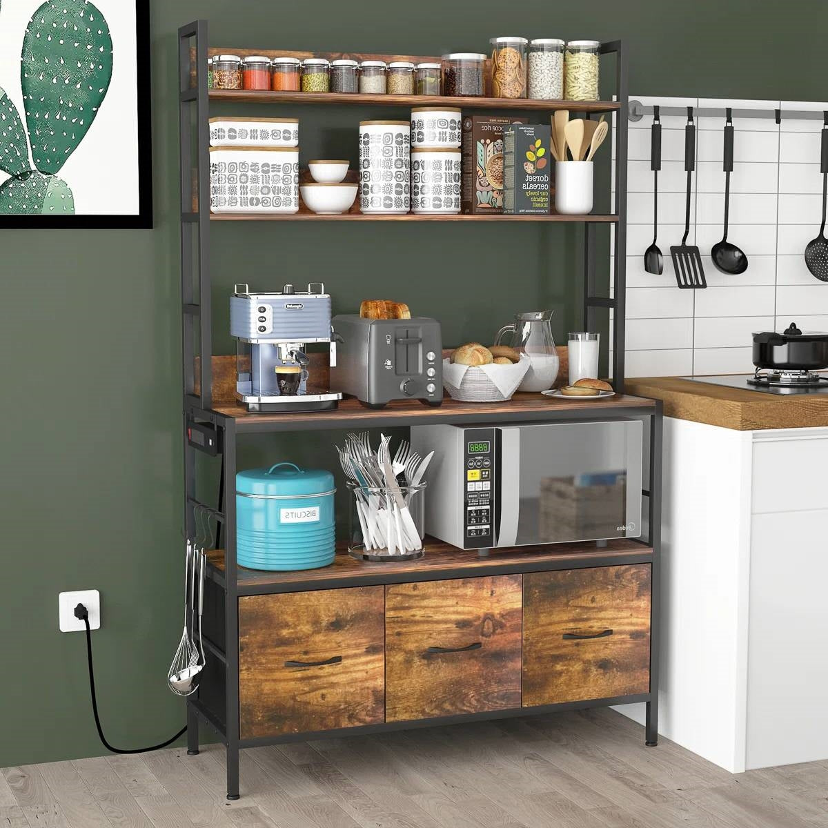 Black Metal Kitchen Baker's Rack with Brown Wood Shelves and Storage Cabinets FastFurnishings