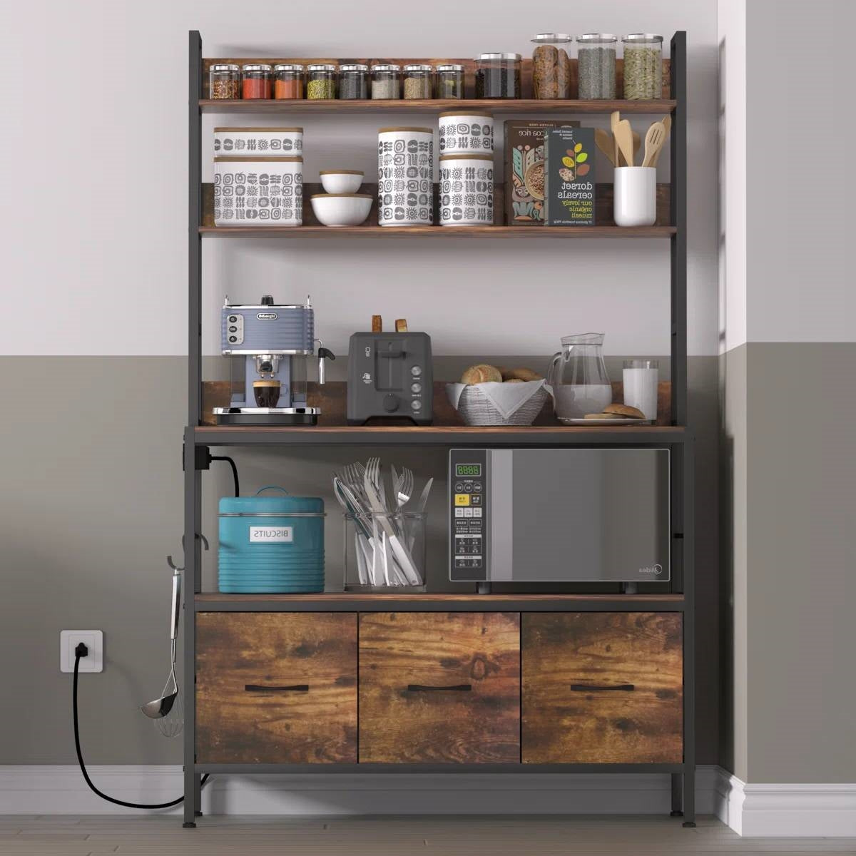 Black Metal Kitchen Baker's Rack with Brown Wood Shelves and Storage Cabinets FastFurnishings