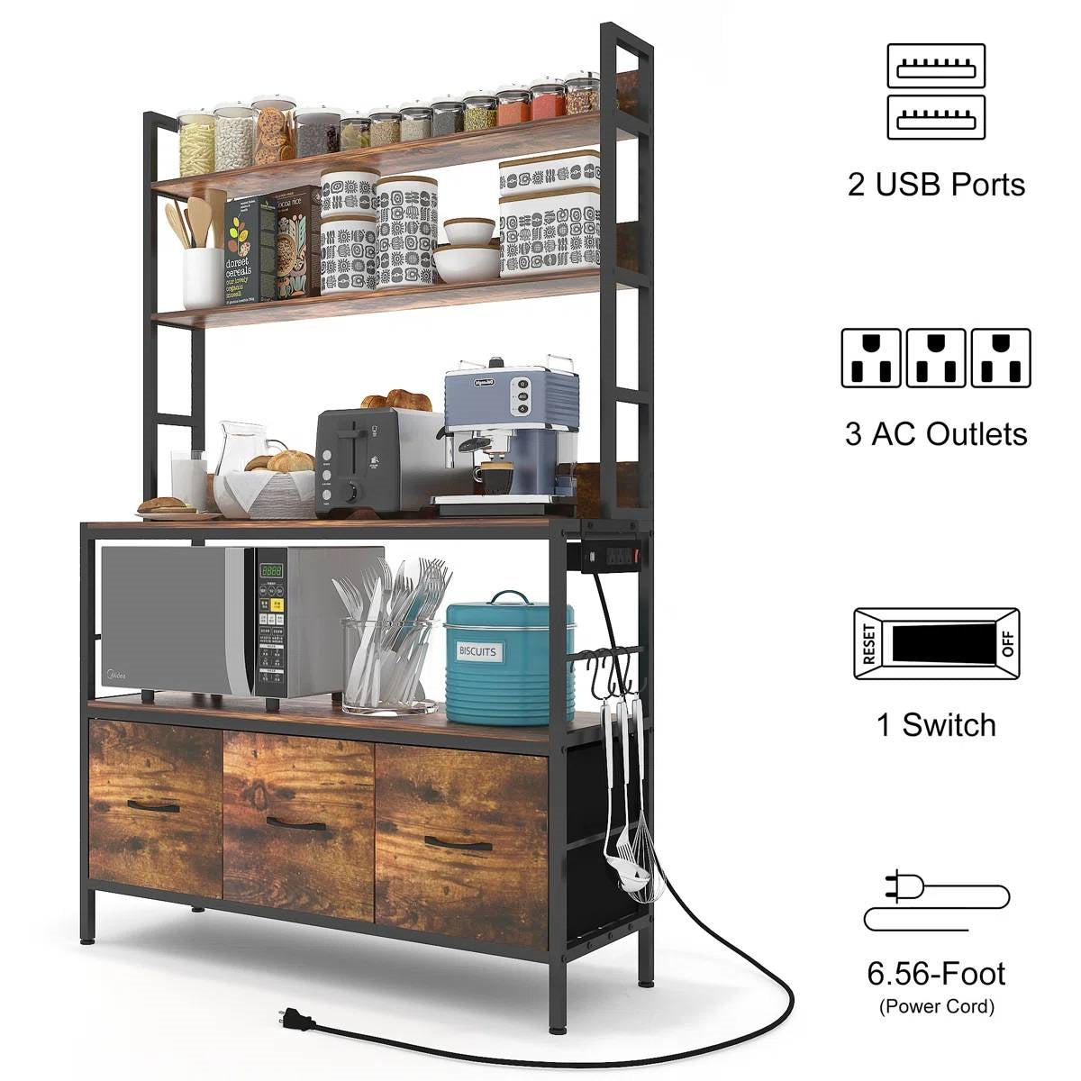 Black Metal Kitchen Baker's Rack with Brown Wood Shelves and Storage Cabinets FastFurnishings