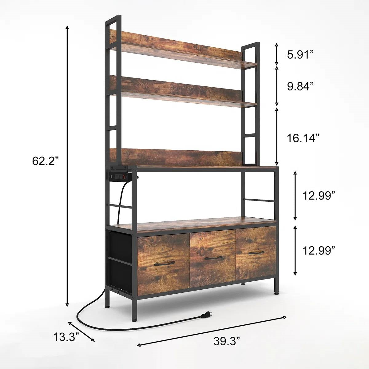 Black Metal Kitchen Baker's Rack with Brown Wood Shelves and Storage Cabinets FastFurnishings