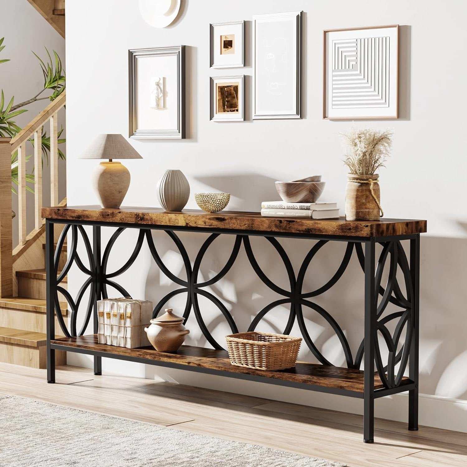 Modern 70-inch Long Narrow Console Sofa Table with Brown Wood Top and Shelf-0