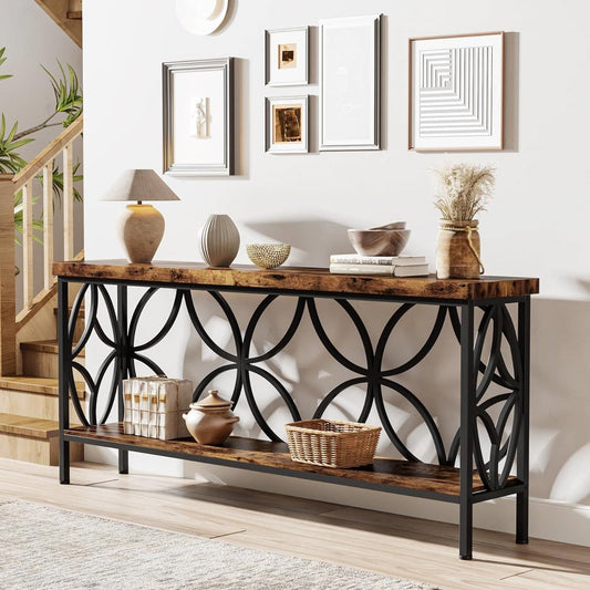 Modern 70-inch Long Narrow Console Sofa Table with Brown Wood Top and Shelf-0