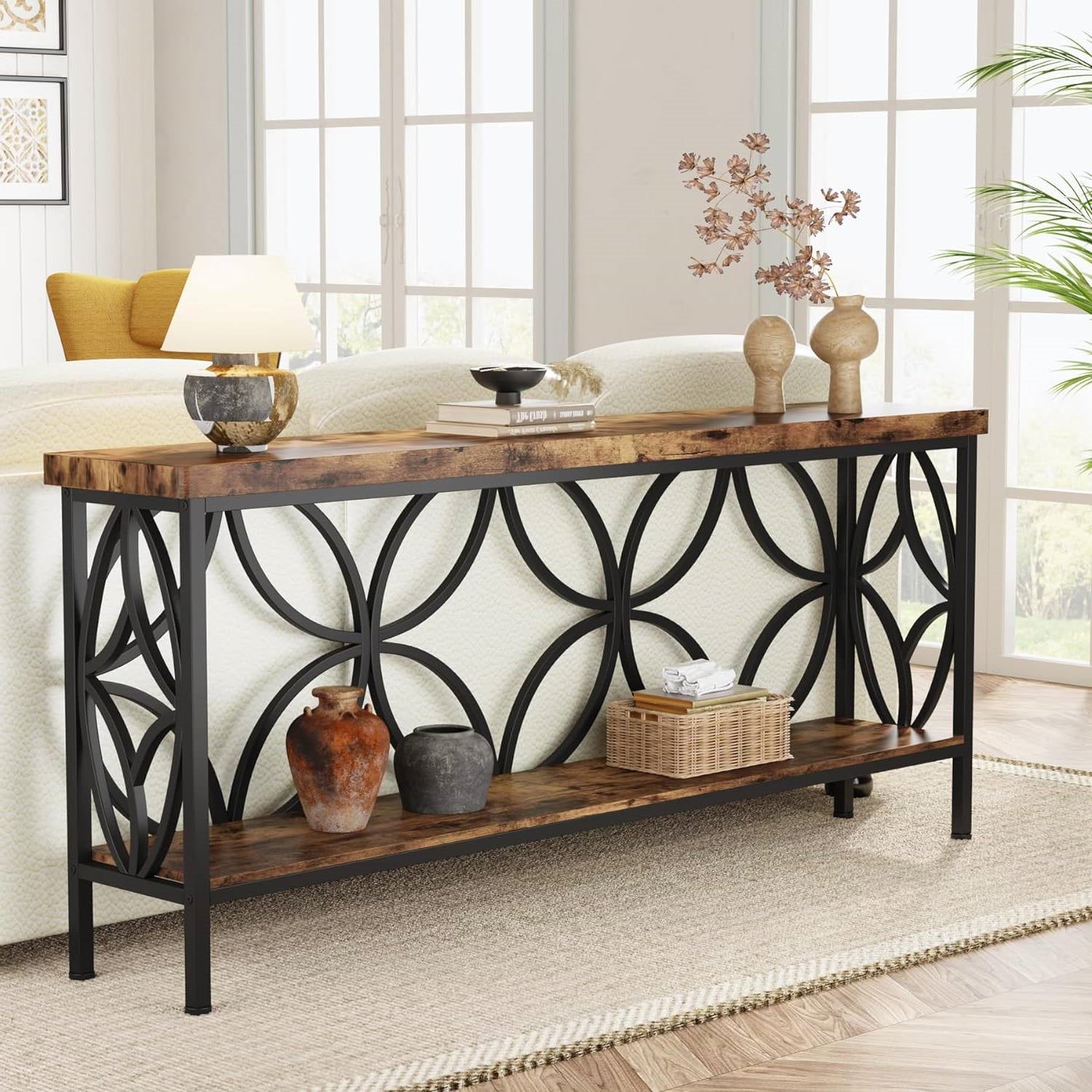 Modern 70-inch Long Narrow Console Sofa Table with Brown Wood Top and Shelf-1