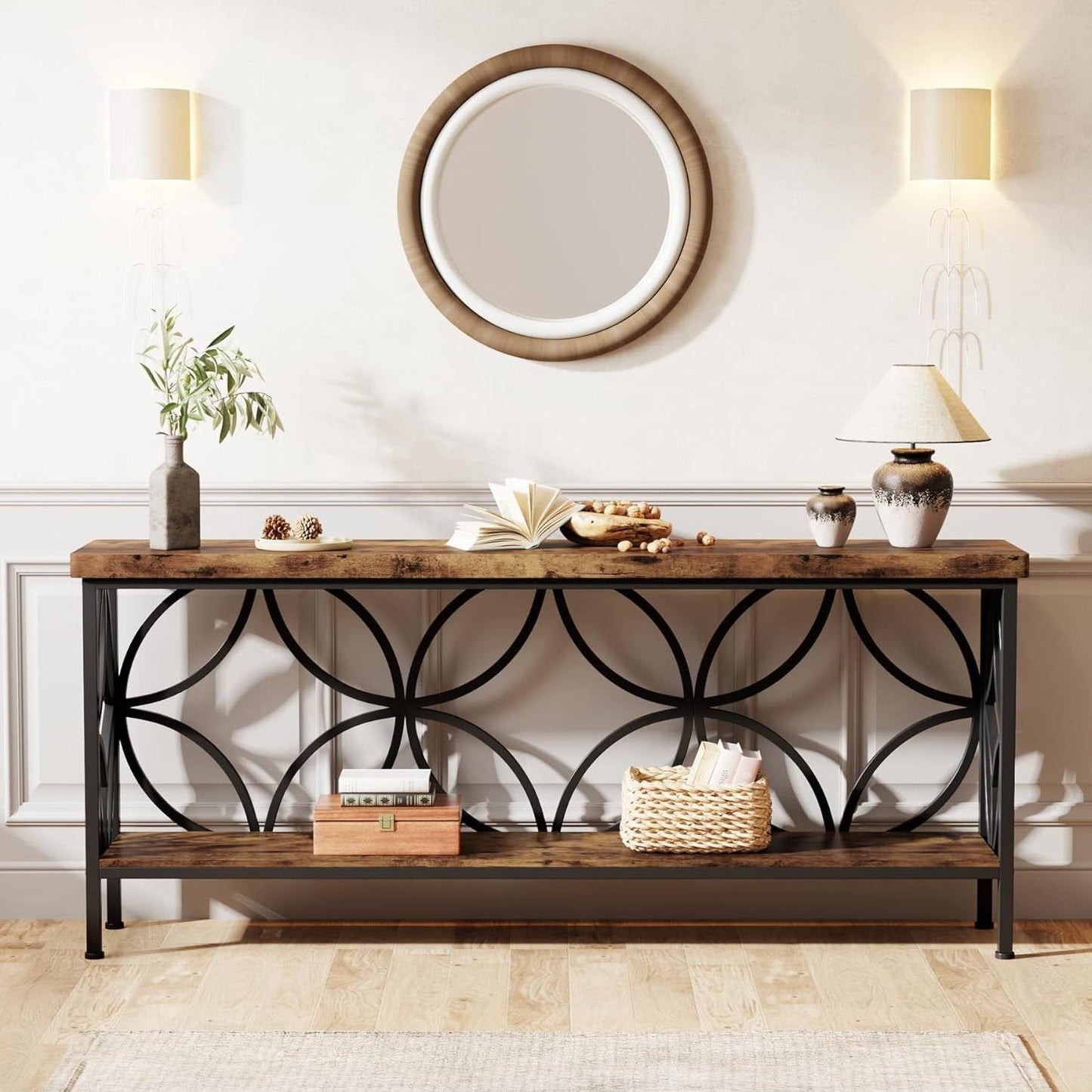 Modern 70-inch Long Narrow Console Sofa Table with Brown Wood Top and Shelf-2