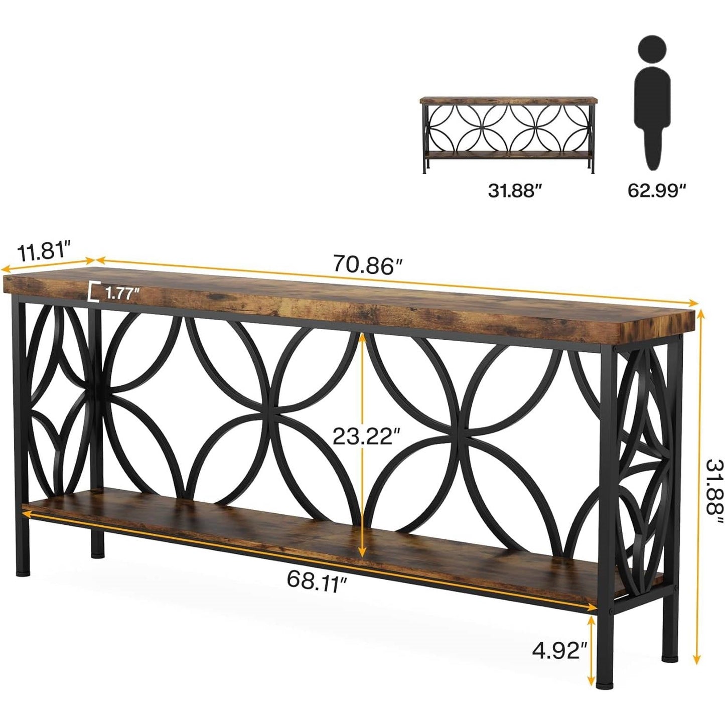 Modern 70-inch Long Narrow Console Sofa Table with Brown Wood Top and Shelf-4