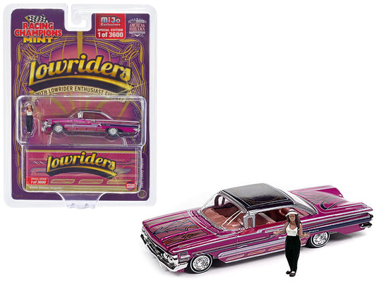 1960 Chevrolet Impala Lowrider Hot Pink Metallic with Black Top and Graphics and Diecast Figure Limited Edition to 3600 pieces Worldwide 1/64 Diecast Model Car by Racing Champions