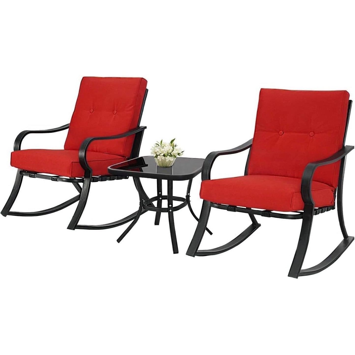 Outdoor 3-Piece Patio Furniture Rocking Chairs Table Set with Red Cushions FastFurnishings