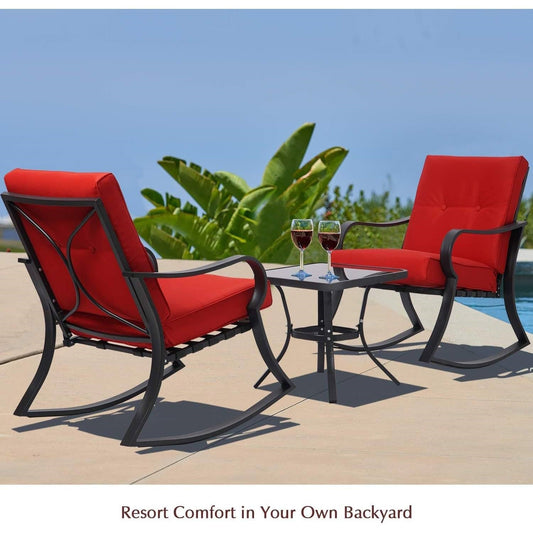 Outdoor 3-Piece Patio Furniture Rocking Chairs Table Set with Red Cushions FastFurnishings