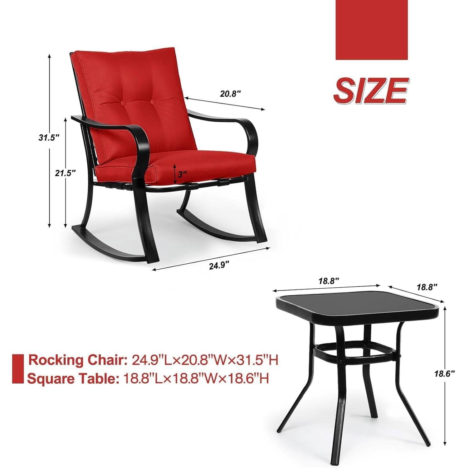 Outdoor 3-Piece Patio Furniture Rocking Chairs Table Set with Red Cushions FastFurnishings
