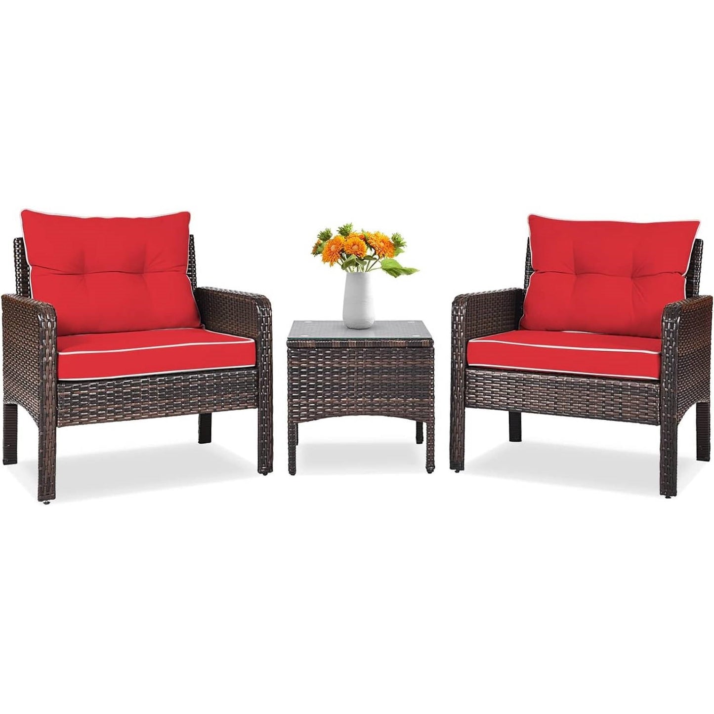 3-Piece Brown PE Rattan Outdoor Dining Patio Furniture Set with Red Cushions FastFurnishings