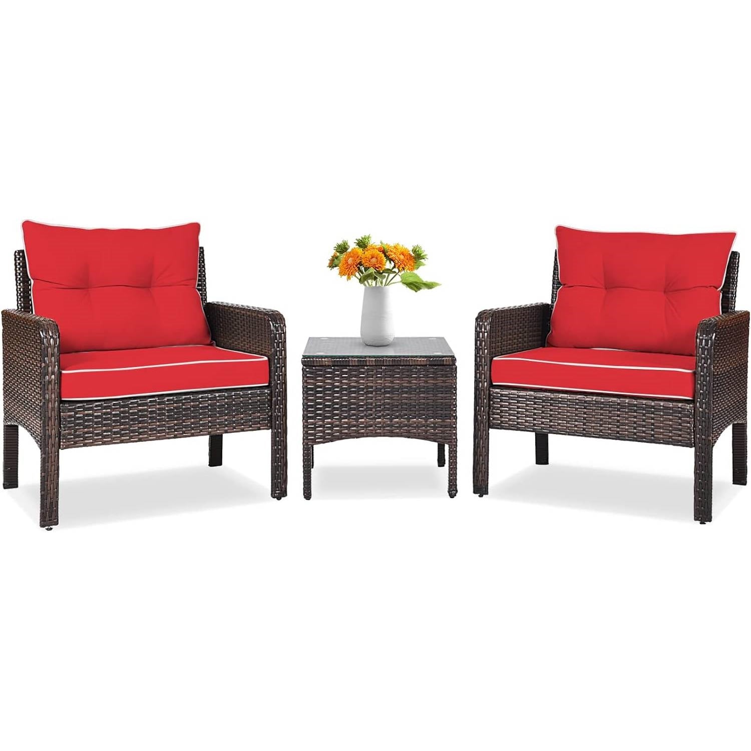 3-Piece Brown PE Rattan Outdoor Dining Patio Furniture Set with Red Cushions FastFurnishings
