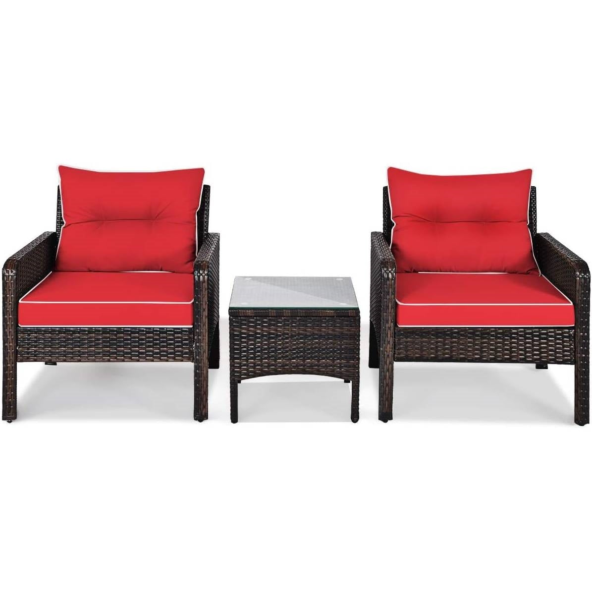 3-Piece Brown PE Rattan Outdoor Dining Patio Furniture Set with Red Cushions FastFurnishings