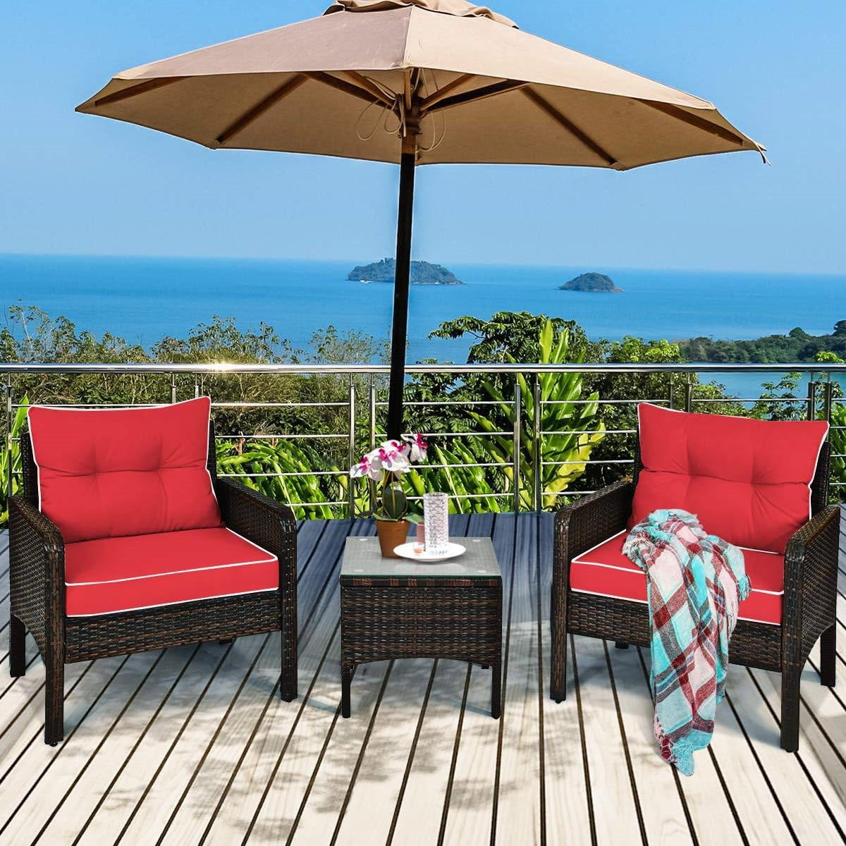 3-Piece Brown PE Rattan Outdoor Dining Patio Furniture Set with Red Cushions FastFurnishings