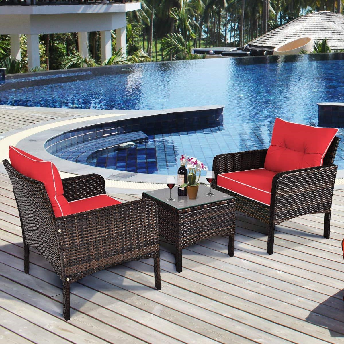 3-Piece Brown PE Rattan Outdoor Dining Patio Furniture Set with Red Cushions FastFurnishings