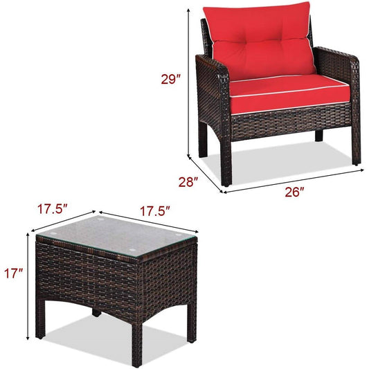 3-Piece Brown PE Rattan Outdoor Dining Patio Furniture Set with Red Cushions FastFurnishings