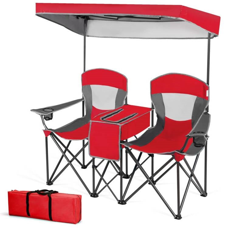 Red 2-Piece Folding Camping Canopy Chairs Set with Cup Holder and Storage Pocket FastFurnishings
