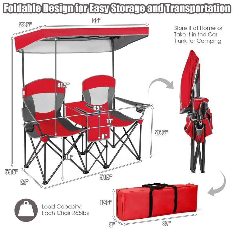 Red 2-Piece Folding Camping Canopy Chairs Set with Cup Holder and Storage Pocket FastFurnishings