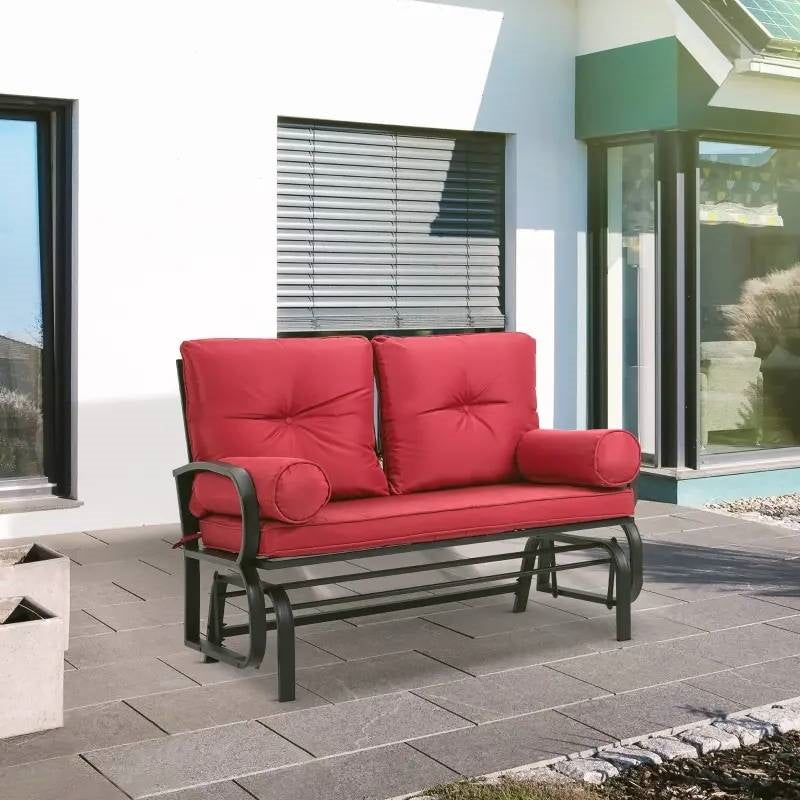 Steel Outdoor Garden Patio Rocking Glider Chair Loveseat with Red Cushions FastFurnishings