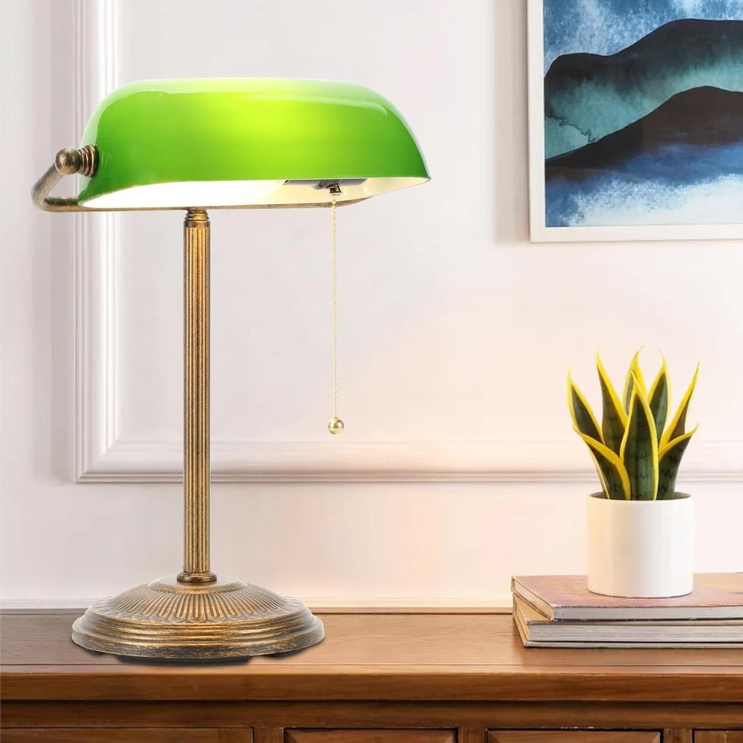 Classic Bankers Lamp Desk Light with Green Glass Shade and Gold Base-0