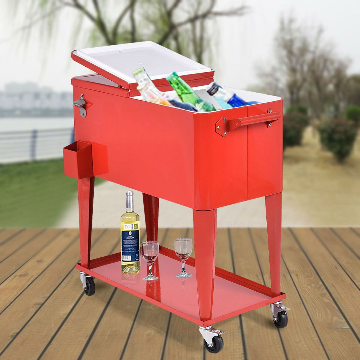 80 Quart Red Sturdy Rolling Steel Construction Cooler FastFurnishings