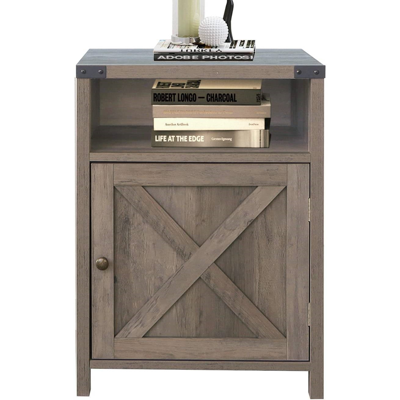 Farmhouse Style End Table Barn Door Nightstand with Open Shelf in Rustic Oak FastFurnishings