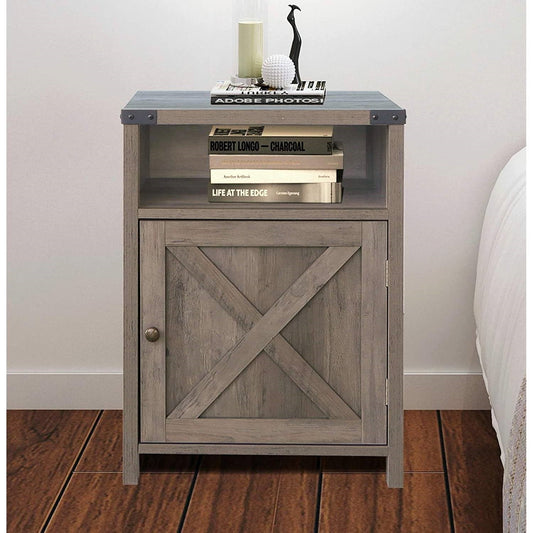 Farmhouse Style End Table Barn Door Nightstand with Open Shelf in Rustic Oak FastFurnishings