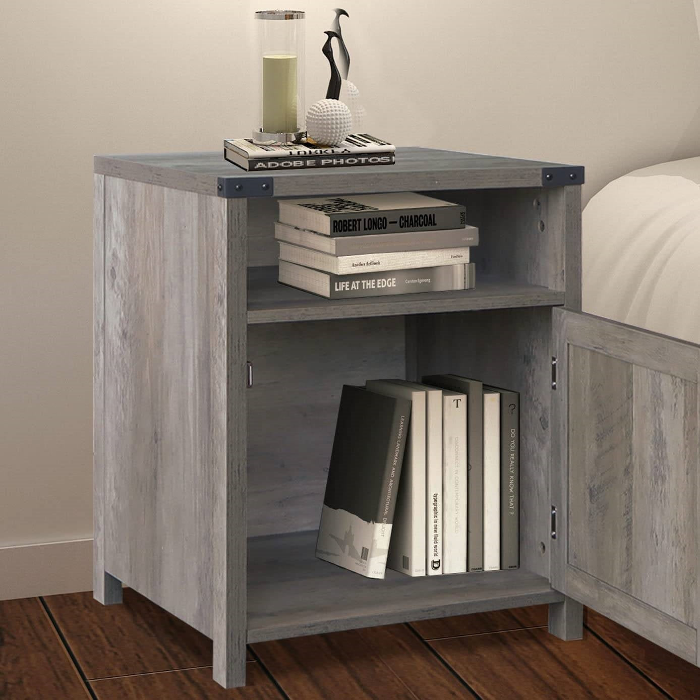 Farmhouse Style End Table Barn Door Nightstand with Open Shelf in Rustic Oak FastFurnishings