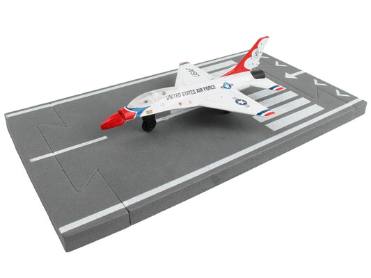 General Dynamics F-16 Fighting Falcon Fighter Aircraft White "United States Air Force Thunderbirds" with Runway Section Diecast Model Airplane by Runway24