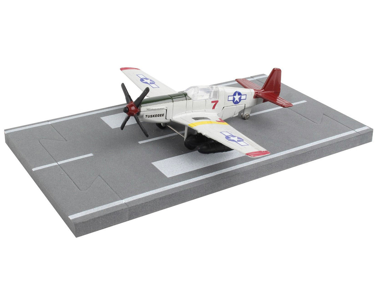 North American P-51C Mustang Fighter Aircraft Gray "Tuskegee Airmen-United States Army Air Force" with Runway Section Diecast Model Airplane by Runway24-2