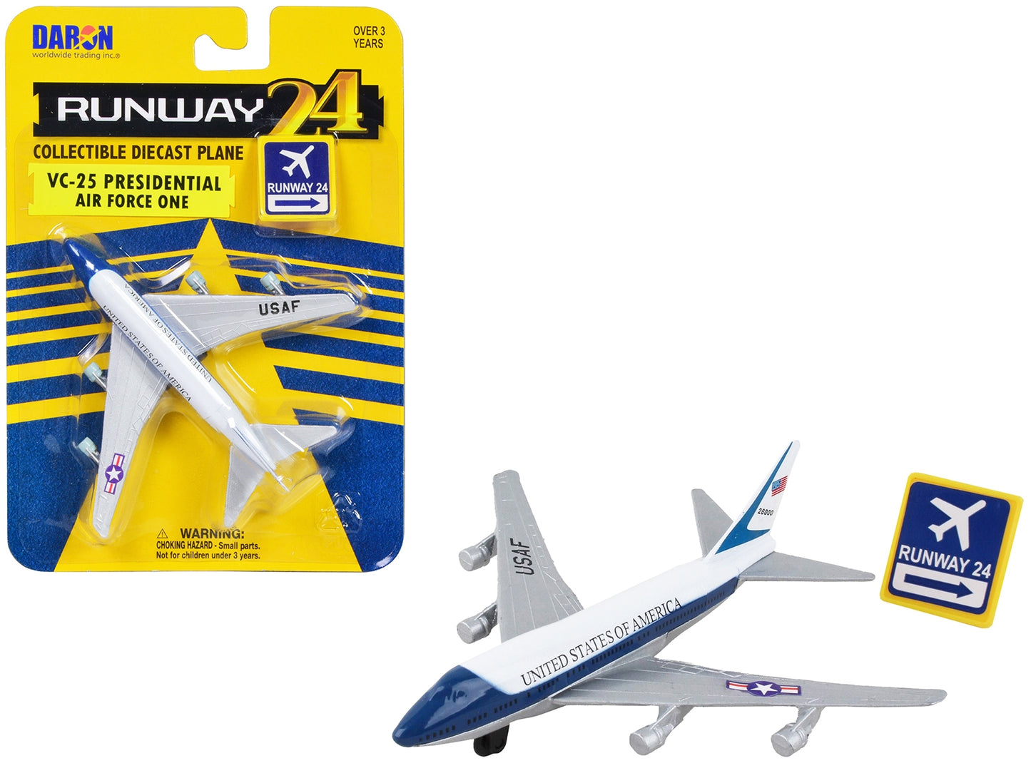Boeing VC-25 Aircraft White and Blue "United States of America - Air Force One" with Runway 24 Sign Diecast Model Airplane by Runway24