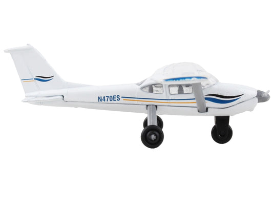 Cessna 172 Aircraft White with Blue and Yellow Stripes "N470ES" with Runway 24 Sign Diecast Model Airplane by Runway24