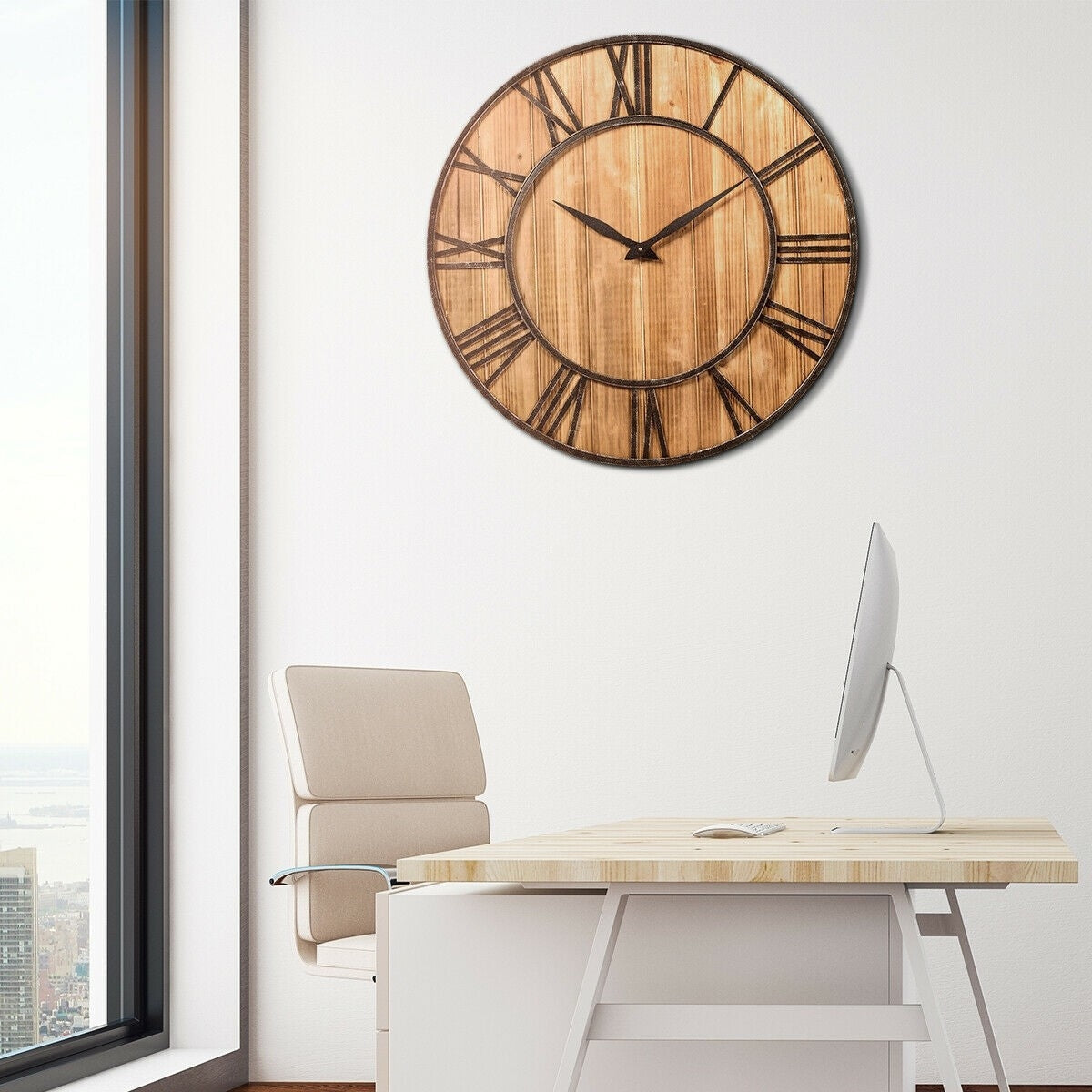 Round Wood 30-inch Roman Numeral Silent Wall Clock FastFurnishings