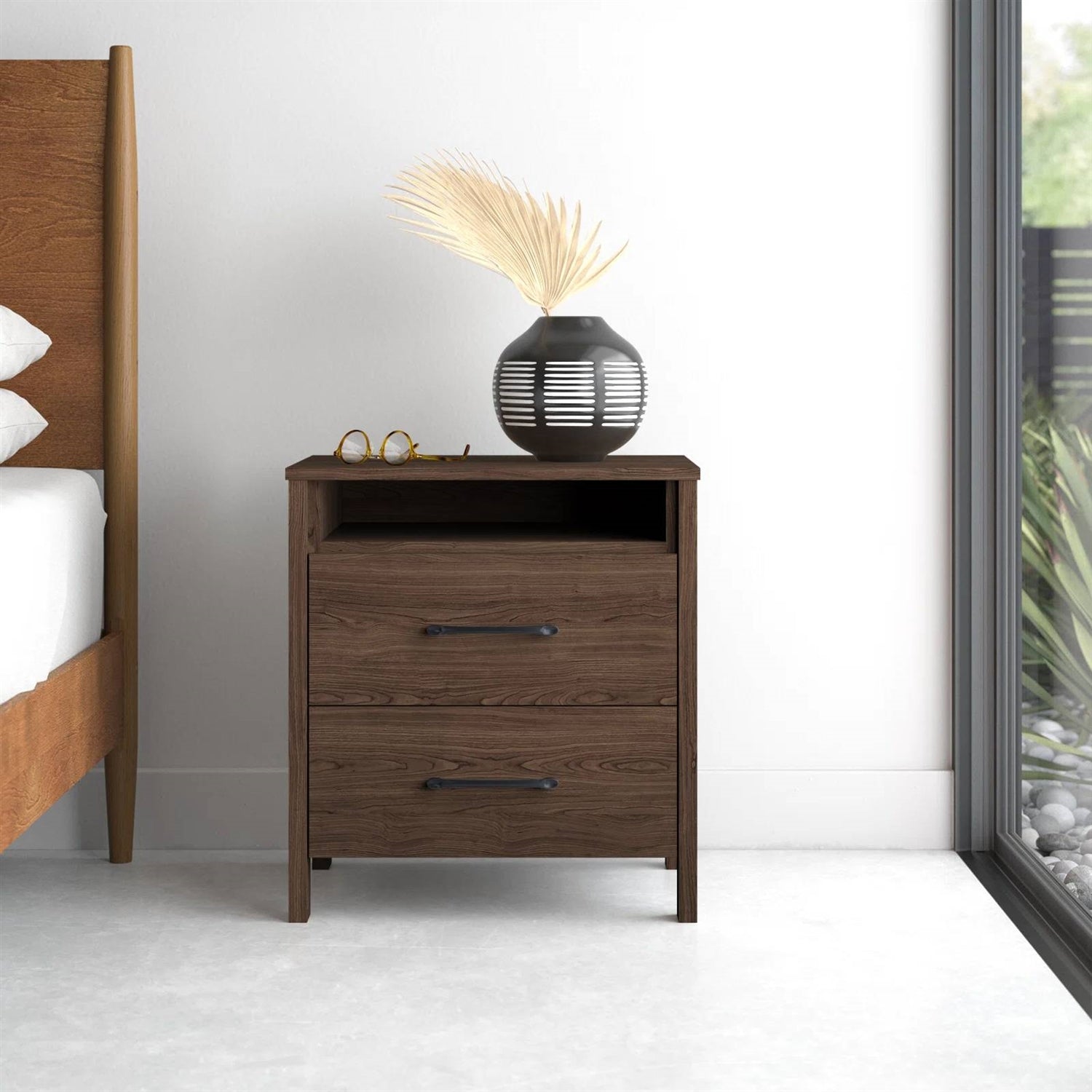 Modern 2-Drawer Nightstand Bedside Table in Brown Walnut Wood Finish-1