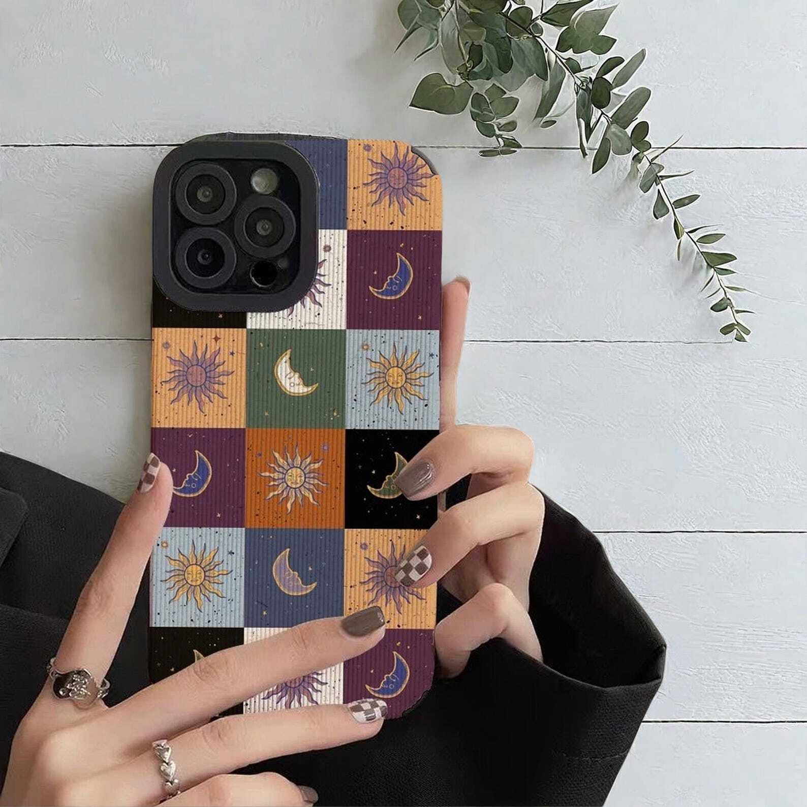 Moon and Sun Phone Case for iPhone 11 13 14 15 Pro Max - Celestial Design Soft Cover, Stylish and Protective Case for iPhone W2B