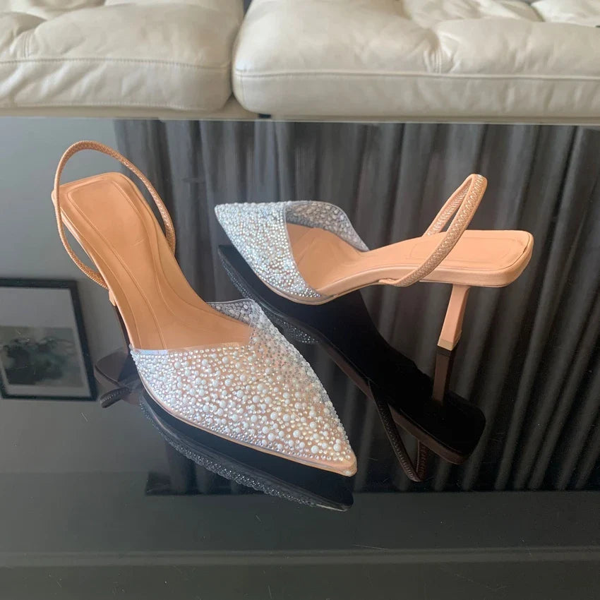 2024 Fashion Summer Women High Heels Pearl Decoration Slingback Woman Pumps Pointed Toe High Heels Sandals Elegant Woman Shoes Pi-Mart