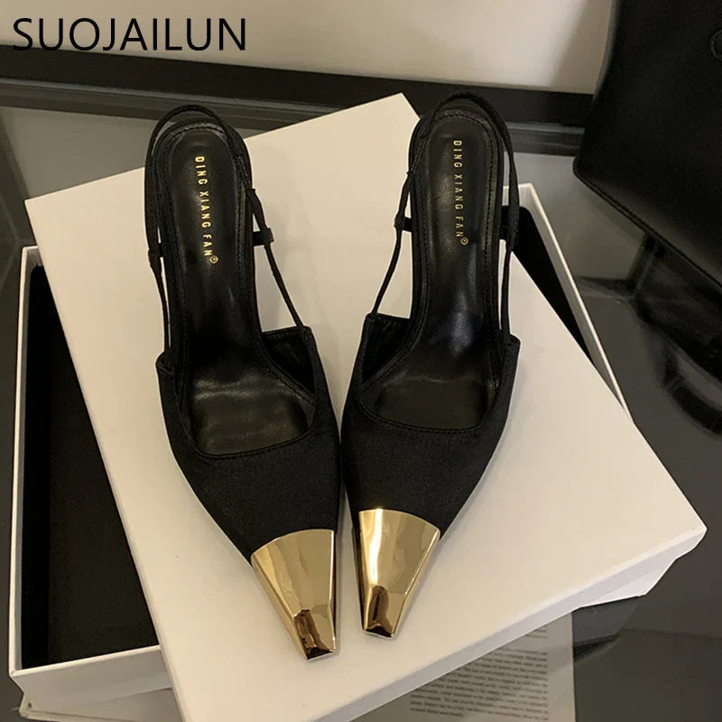 SUOJIALUN 2024 New Brand Women Sandal Fashion Mix Color Ladies Eelgant Outdoor Dress Slingback Shoes Thin High Heel Sexy Pumps S LadyShow.Store