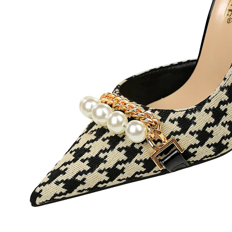 BIGTREE Shoes 2026 Spring Women Pumps Pearl Metal Chain High-heels Checked Grain Stilettos Women Heels Luxury Banquet Shoes 43 Pi-Mart