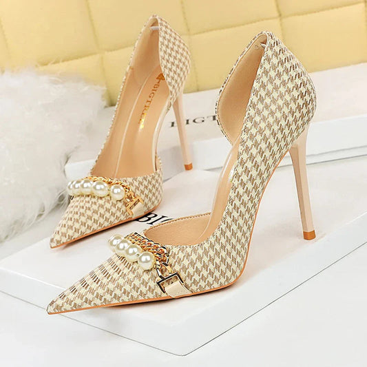 BIGTREE Shoes 2026 Spring Women Pumps Pearl Metal Chain High-heels Checked Grain Stilettos Women Heels Luxury Banquet Shoes 43 Pi-Mart