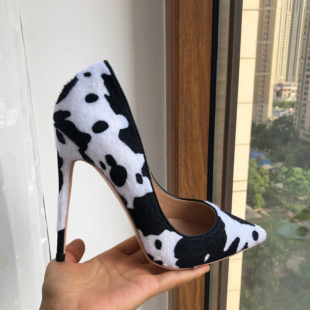 Tikicup Cow Print Women White Hairy Flock Pointy Toe High Heel Shoes Sexy Celebrity Ladies Slip On Stiletto Pumps for Party Pi-Mart