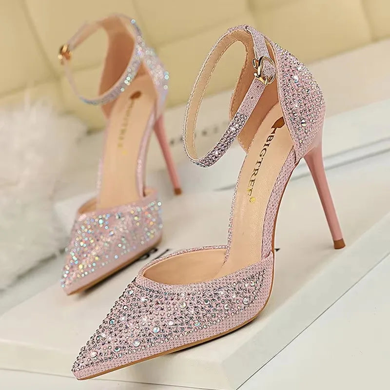 BIGTREE Shoes Shiny Rhinestones High Heels Ladies Shoes Women Pumps Stiletto Sweet Women Heels Wedding Shoes Women Sandals 10 Cm Pi-Mart