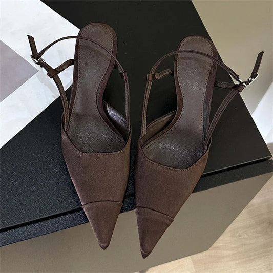 Eilyken High Quality Satin Buckle Strap Women Pumps Sandals Fashion Shallow Thin Heels Pointed Toe Slingback Mules Shoes Pi-Mart