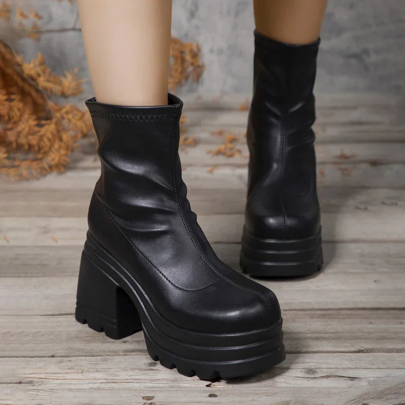 Women New Fashion Short Boots Women Sexy Leather Boot Square toe casual Zipper high heels Casual thick soled women shoes Zapatos LadyShow.Store