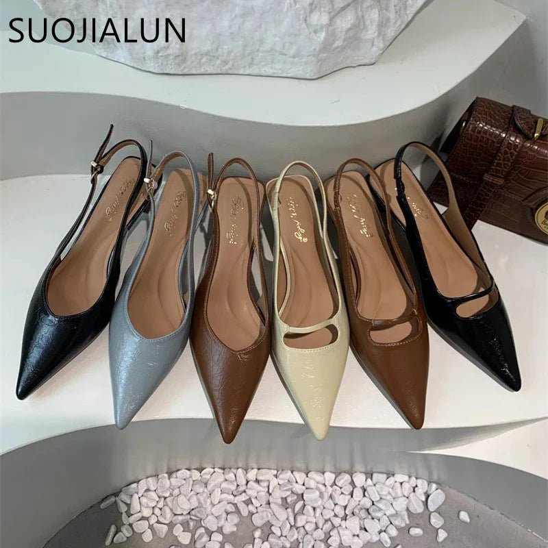 SUOJIALUN Summer New Women Sandal Fashion Pointed Toe Shallow Slip On Ladies Elegant Slingback Shoes Thin Med Heel Dress Mules LadyShow.Store