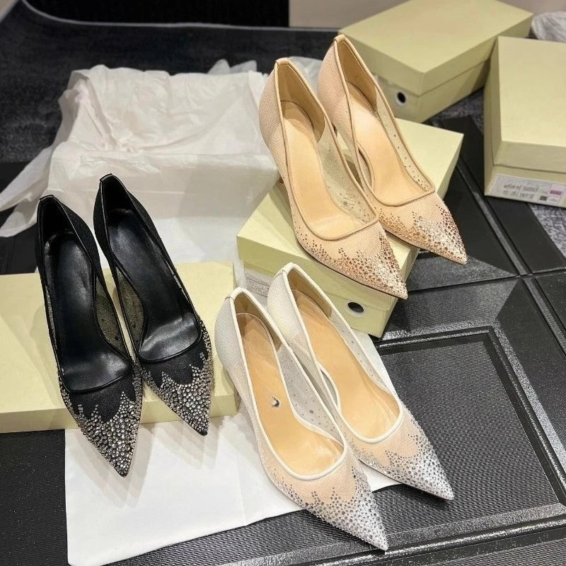 Women's high heels and single shoes for spring and summer  new mesh diamond fashion banquet pointed women's shallow mouth shoes Pi-Mart
