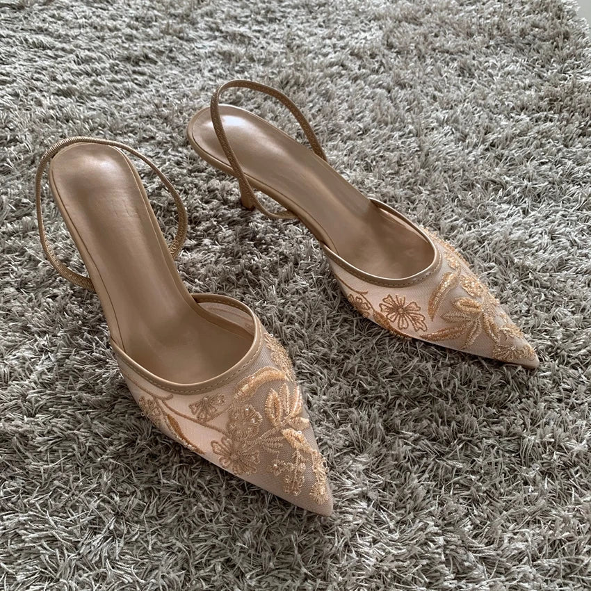 2026 String Bead Mesh Embroider Slingback High Heels Women Sexy Pointed Toe Heeled Sandals Summer Elegant Luxury Designer Shoes LadyShow.Store