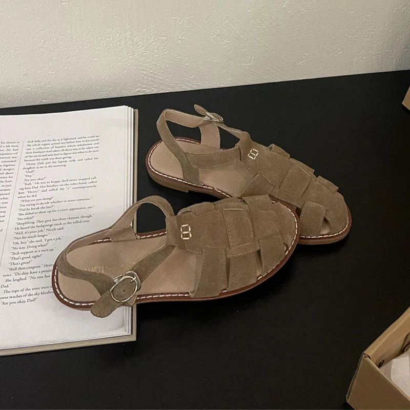 DIMANYU Women's Roman Sandals 2023 Summer New Flat Retro Real Leather Ladies Sandals Hollowed Women's Cage Shoes LadyShow.Store